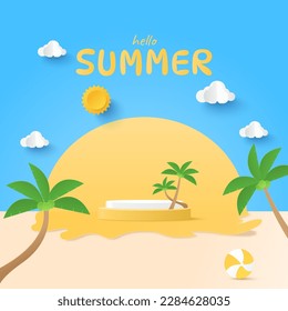 Summer time background. Podium platform to show product with yellow circle background. Tropical nature beach in summer with coconut tree