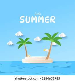 Summer time background. Podium platform to show product on nature  background. Tropical nature beach in summer with coconut tree