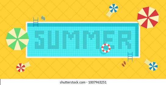 Summer time background. Pool with blue water and lettering Summer. Poster or flyer design template. Vector