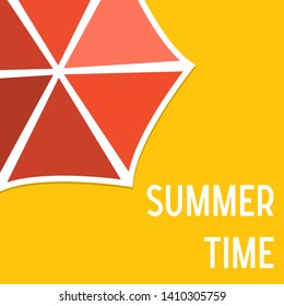 Summer time background with red sunshade isolated on yellow sand. Flat style design vector illustration. Marine summer ocean background can be used for website, flyer, banner design