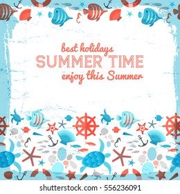 Summer time background with red text blue frame painted by brush and colorful sea fauna icons flat vector Illustration  