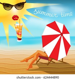 Summer time background Sand,Horizon Background,Cocktail Glass,summer vacation,sea,deckchair,suntanned beauty female legs.Umbrella,deckchair,suntanned sexy legs beach.Summer card.Vector illustration