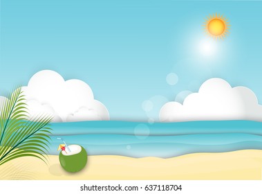 Summer Time background, Sea and Beach paper art style