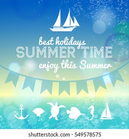 Summer time background with sea landscape in sunny glare and nautical cartoon icons flat vector Illustration