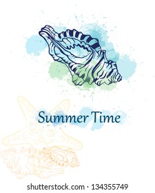summer time background with seashell and colorful ink splashes