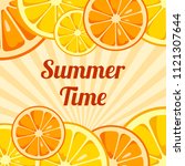 Summer Time background with slices of lemon and orange. Design for greeting cards, invitations, announcements, advertisements. Fruits bright composition. Sunny background. Vector illustration.