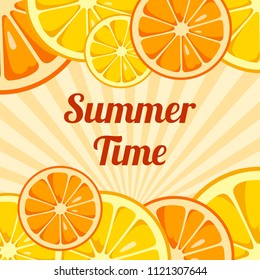 Summer Time background with slices of lemon and orange. Design for greeting cards, invitations, announcements, advertisements. Fruits bright composition. Sunny background. Vector illustration.