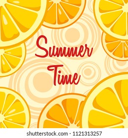 Summer Time background with slices of lemon and orange. Design for greeting cards, invitations, announcements, advertisements. Fruits bright composition. Sunny background. Vector illustration.