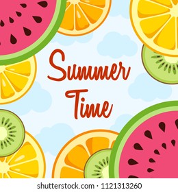 Summer Time background with slices of lemon, orange, kiwi, watermelon. Design for greeting cards, invitations, announcements, advertisements, vouchers. Fruits bright composition. Vector illustration.