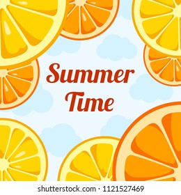 Summer Time background with slices of lemon and orange. Design for greeting cards, invitations, announcements, advertisements. Fruits bright composition. Cloudy sky background. Vector illustration.