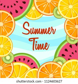 Summer Time background with slices of lemon, orange, kiwi, watermelon. Design for greeting cards, invitations, announcements, advertisements, vouchers. Fruits bright composition. Vector illustration.