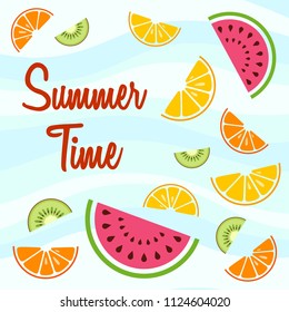 Summer Time background with slices of lemon, orange, kiwi, watermelon. Design for greeting cards, invitations, announcements, advertisements, vouchers. Fruits bright composition. Vector illustration.