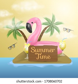 summer time background with smartphone, flamingo, beach, and coconut tree illustration
