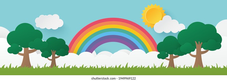 Summer time background. Spring and summer with rainbow in the park. Paper cut and craft style illustration