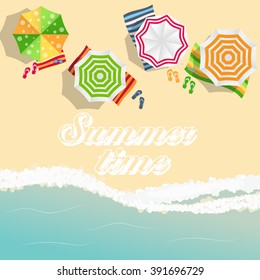 Summer Time Background. Sunny Beach in Flat Design Style Vector Illustration