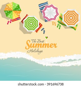 Summer Time Background. Sunny Beach in Flat Design Style Vector Illustration