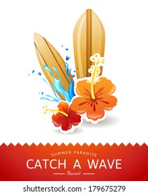 summer time background with surf boards and hibiscus flowers