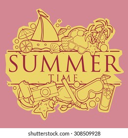 Summer time background symbol, with various hand drawn items, vector illustration