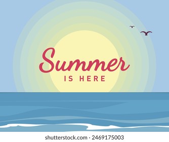 Fondo del tiempo del verano con el texto, fondo colorido del atardecer del océano tropical, el verano está aquí, Ilustración vectorial