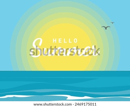 Summer time background with text, colorful tropical ocean sunset background, hello summer, vector illustration