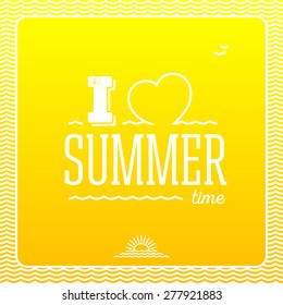 Summer time background with text - illustration. Orange background with heart and wave. I love summer time.