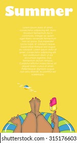 Summer time background with text. Template poster.Tanned young woman swimming in the warm sea and eating ice cream. Summer party. Vector illustration