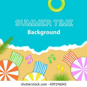Summer Time Background. Top Beach View with umbrellas, flip flops, striped towels, palm leaves, ocean.