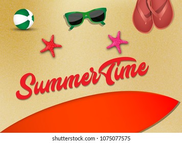 Summer time background. Top view on beach ball, flipflop, starfish, surfboard and sunglasses in the beach sandy 