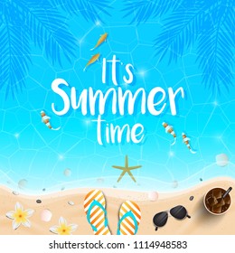 Summer time background. Top view on Tropic fishes, seashells, seaside, fresh cocktail, flip flops, flower and sea sand on sea water texture. Vector illustration.