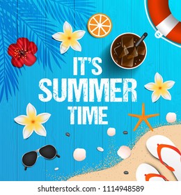 Summer time background. Top view on seashells, sun glasses, fresh cocktail, flip flops, orange slice, flowe and sea sand on wooden texture. Vector illustration.