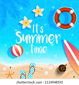 Summer time background. Top view on seashells, seaside, fresh cocktail, flip flops, lifebealt, flower, surfboard and sea sand on sea water texture. Vector illustration.