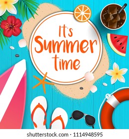Summer time background. Top view on seashells, sun glasses, fresh cocktail, flip flops, surfboard, watermelone, orange slice, flowe and sea sand on wooden texture. Vector illustration.