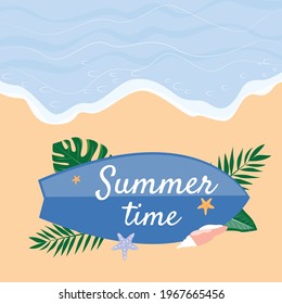 Summer time background. Top view of the sea, seashells, surfboard, palm leaves.Vector illustration.