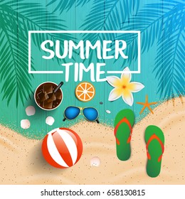 Summer time background. Top view on seashells, sun glasses, fresh cocktail, flip flops, beach ball, flower and sea sand on wooden texture. Vector illustration.