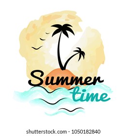 Summer time background with tropical island lost in blue sea with palm trees on it and birds flying above isolated vector illustration