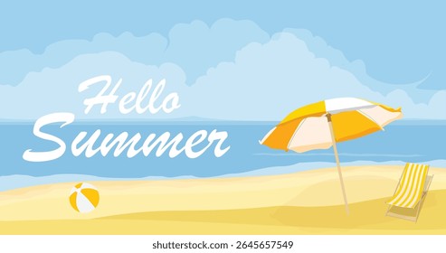 Summer time background tropical landscape of summer scenery, sea, ocean, blue sky, beach with white sand, beach umbrella and chair and beach ball. Hello summer. Vector illustration