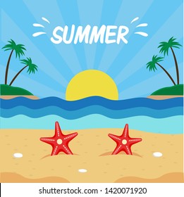 Summer time background vector illustration with red starfishes. Background for banner, card, stationary, etc.