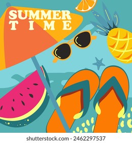 Summer time. Summer background with watermelon, pineapple, sunglasses, flip-flops. Vacation time.Vector illustration.