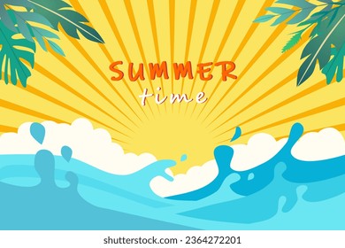 Summer time background with waves and leaves. Vector illustration.