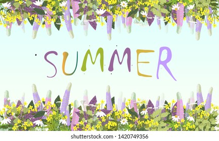 Summer time. Background with  wild herbs, flowers and leaves.Vector illustration.