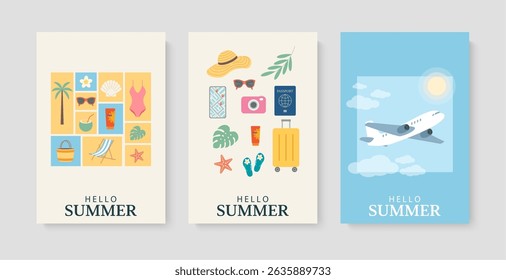 Summer time backgrounds and cards. Set of flyers with summer travel concept and airplane flight for vacation, beach holiday and relax. Minimalistic vector illustration for posters, cards, covers.