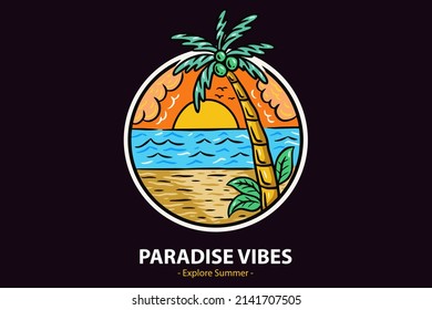 Summer Time Badges with Sunset and Wave Coconut Tree and Surf Beach paradise island heaven