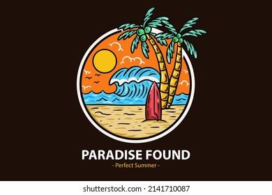 Summer Time Badges with Sunset and Wave Coconut Tree and Surf Beach paradise island heaven