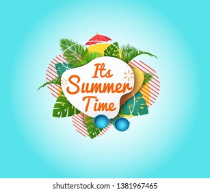 its Summer time banner. abstract geometric background with palm leaves and clouds. Vector illustration.