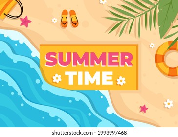 Summer time banner. Aerial view of the beach and the pounding waters. The beach is shaded by green trees. on the beach with bags Slippers and life buoy are placed. Vector flat illustration