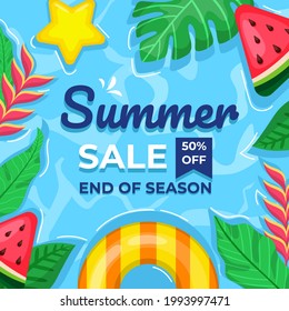 Summer time banner. Aerial view of rippling waters, floating watermelons, leaves, stars and life buoy. There is a summer sale banner 50% off. Vector flat illustration