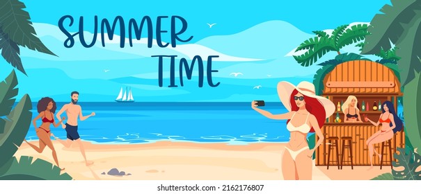 A summer time banner with a beach bar and cheerful people on a tropical beach.