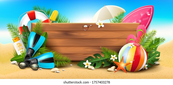 Summer time banner with beach elements and wooden sign with place for text