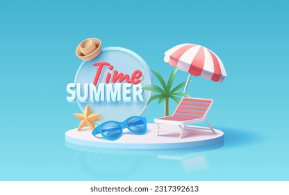 Summer time banner, beach umbrella with lounger for relaxation, sunglasses, seaside vacation scene. Vector illustration