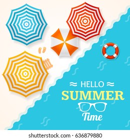Summer Time Banner with a Beach Umbrella and Lifebuoy Concept of Seasonal Trip Tropical Paradise. Vector illustration